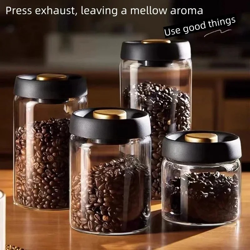 Coffee Tea Box - โถเก็บกาแฟสุญญากาศแบบแมนนวล ทำจากแก้วบอโรซิลิเกตคุณภาพสูง ป้องกันความชื้น สำหรับเก็บชาและกาแฟในครัว