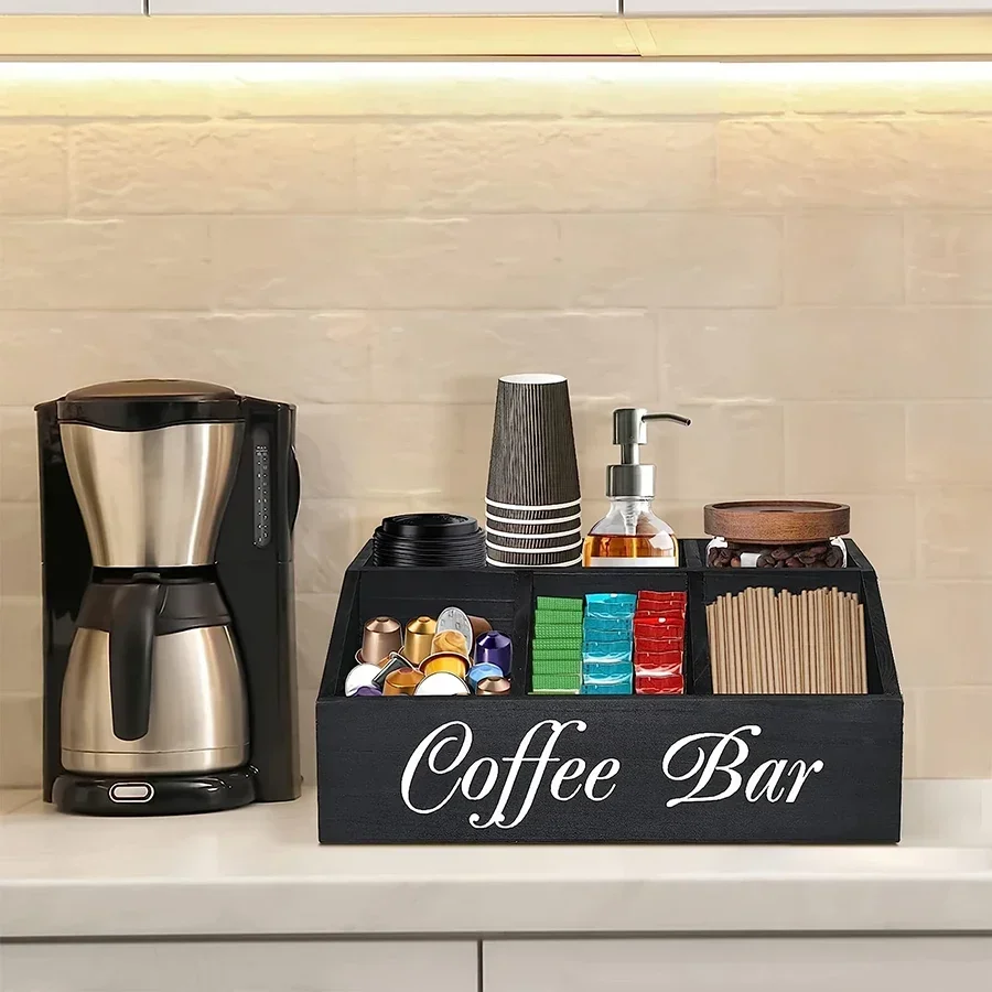 Coffee Tea Box - กล่องเก็บกาแฟ ชั้นวางของบนเคาน์เตอร์บาร์น้ำ โครงไม้ ที่เก็บของบนโต๊ะครัว ตะกร้าใส่ถุงชาอเนกประสงค์สำหรับตกแต่ง