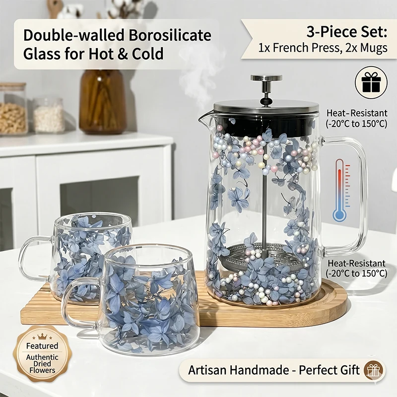 French Press Coffee & Tea - เครื่องชงกาแฟเฟรนช์เพรสแบบผนังสองชั้น ความจุ 650/1000 มล. ทนความร้อนและมีฉนวนกันความร้อนสำหรับกาแฟและดอกไม้แห้ง