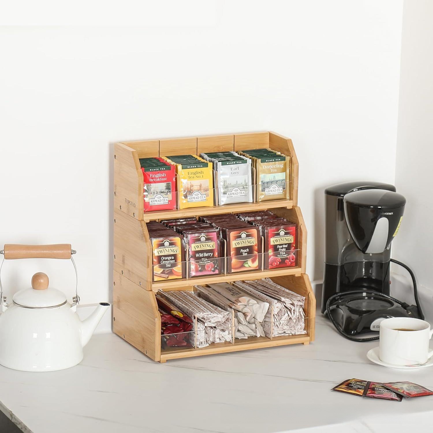 Coffee Tea Box - กล่องเก็บถุงชาไม้ไผ่ ชั้นวางถุงกาแฟสามชั้น ชั้นวางโชว์กาแฟ สถานีกาแฟ ห้องชา กล่องเก็บกาแฟแคปซูล