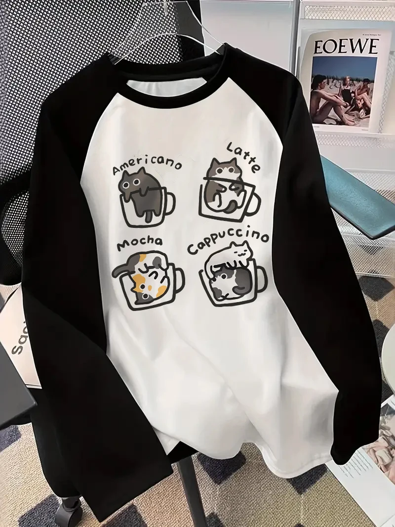 Coffee & Tea Ken'S House - เสื้อยืดแขนยาวลายแมวกาแฟ เสื้อพิมพ์ลายตลกสไตล์ฮิปฮอปยุค 90s เสื้อยืดคอกลมพิมพ์ลายลำลองสำหรับผู้หญิง