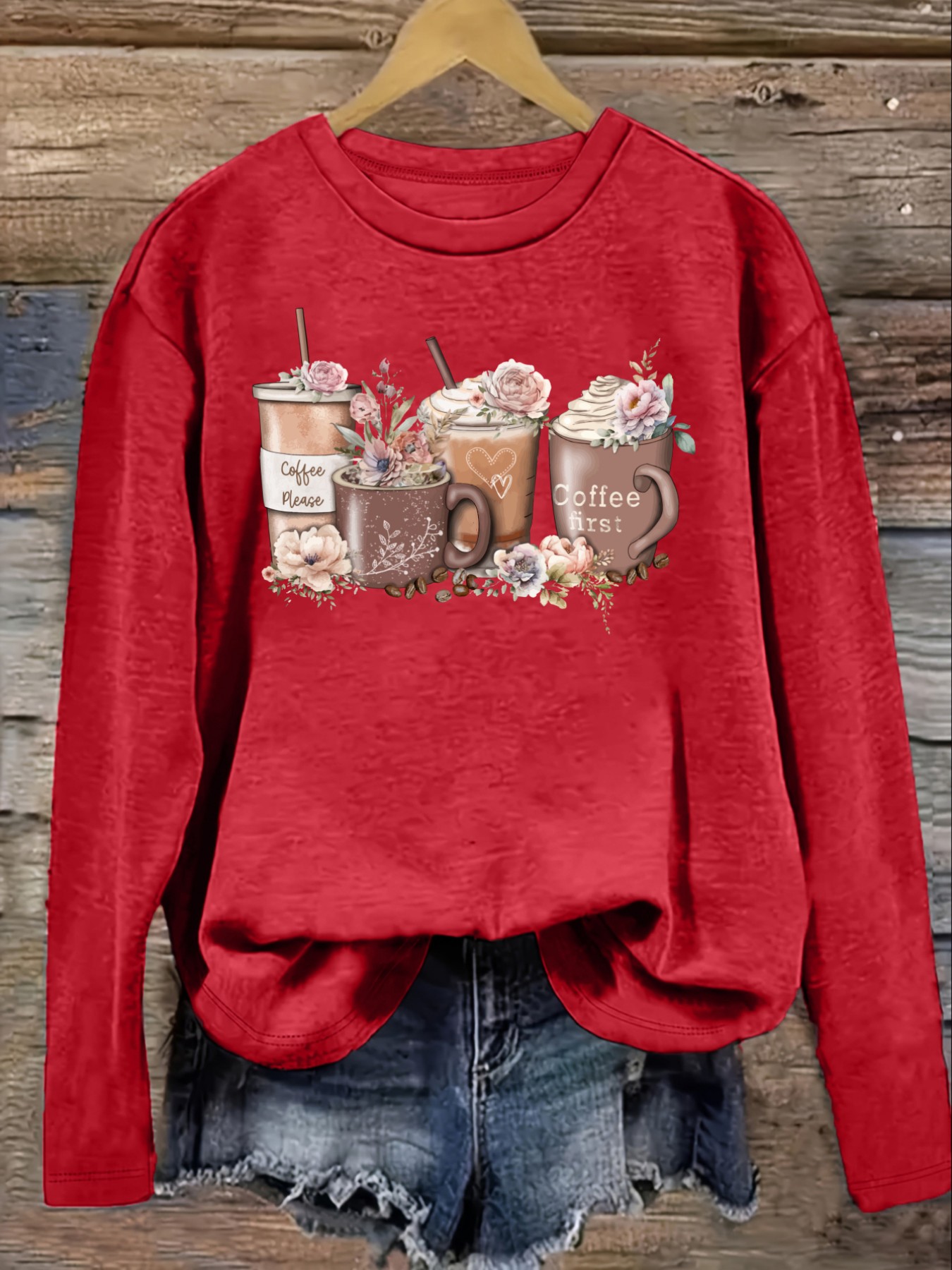 เสื้อยืดแขนยาวคอกลมลายดอกไม้แล - Coffee & Tea Ken'S House บทวิจารณ์และราคา